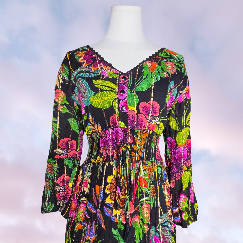 Me 2 Magic Black Floral Metallic Gold Viscose Boho Bell Sleeve Maxi Dress Size L - Picture 2 of 7